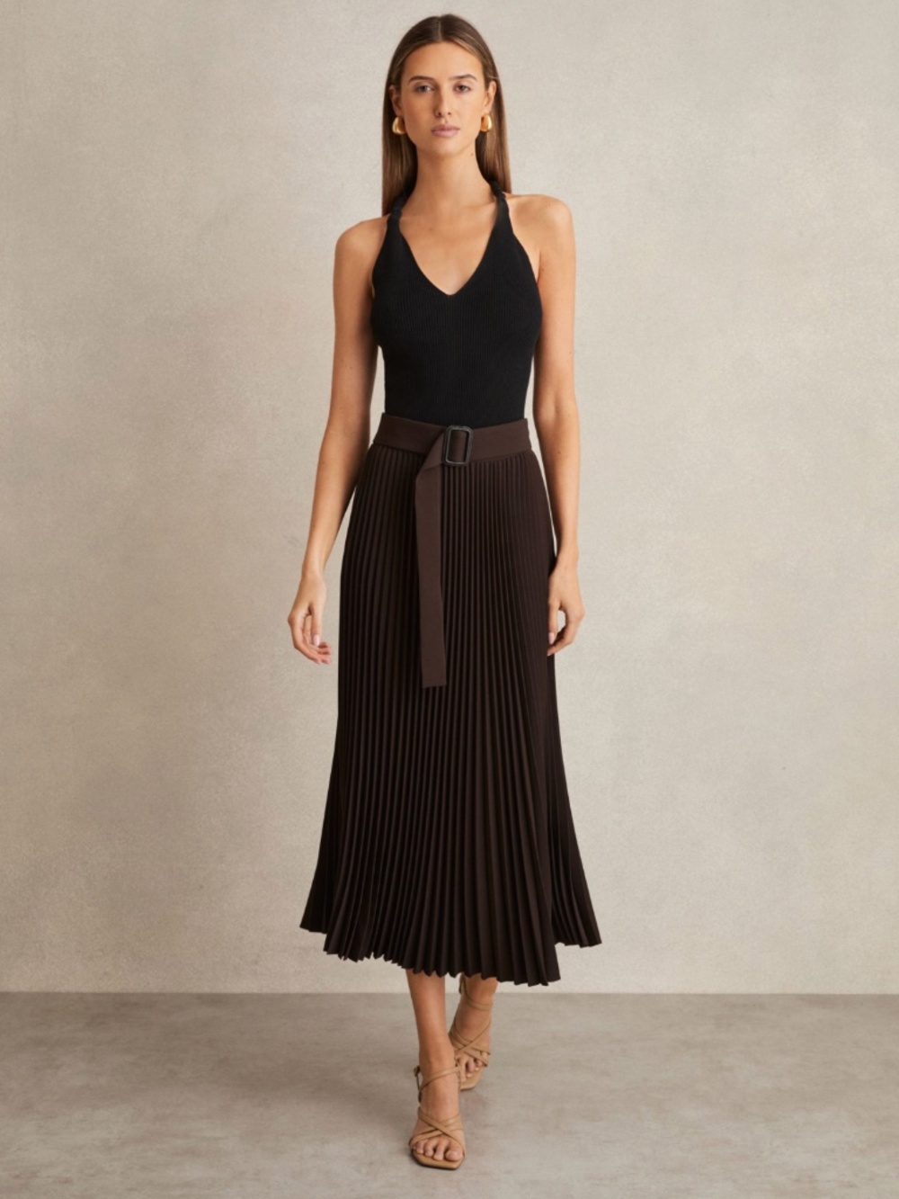 Reiss Pleated Belted Midi Skirt in Chocolate Brown